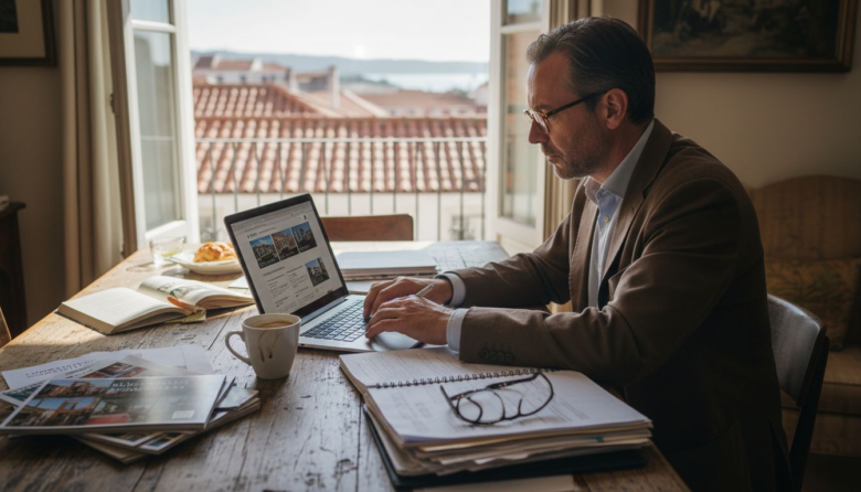 Man researches Portuguese real estate at Lisbon table