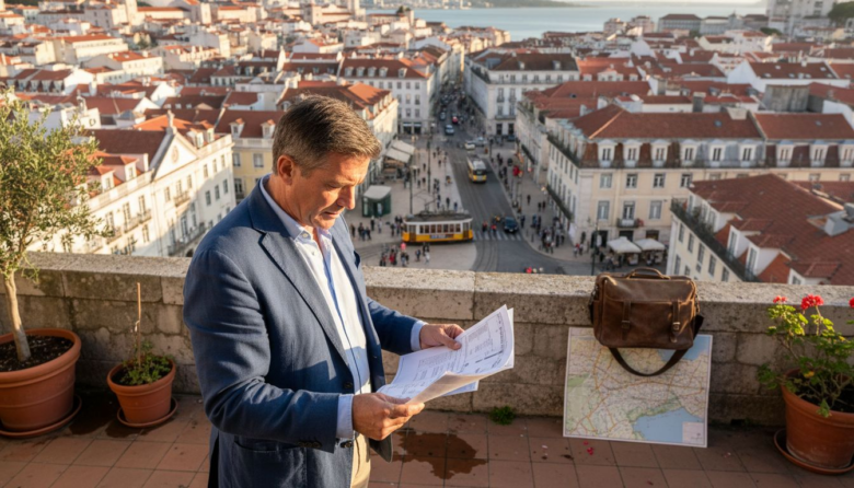 Investor reviewing documents on Lisbon balcony