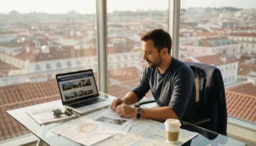Analytici v kanceláři prohlížejí nabídky portugalských nemovitostí