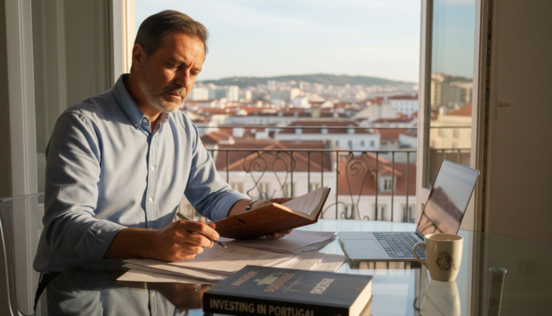Investor reviews property documents in Lisbon office