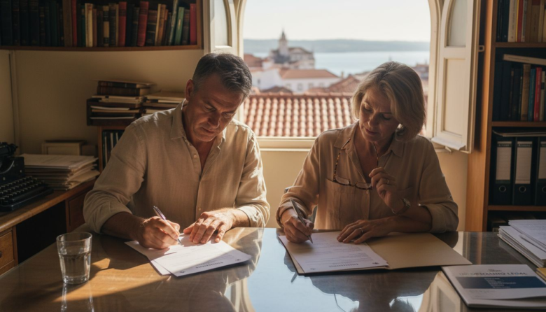 Foreign couple signing property documents in Portugal