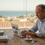 Man researching Algarve property at sunlit office
