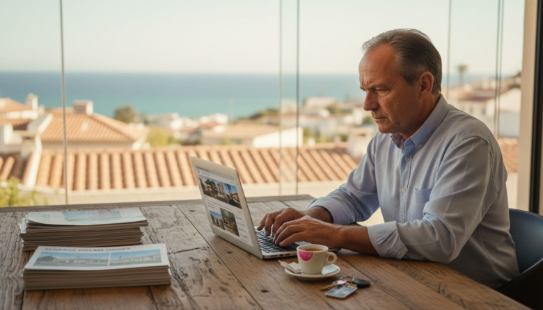 Muž zkoumá nemovitosti v Algarve v kanceláři zalité sluncem