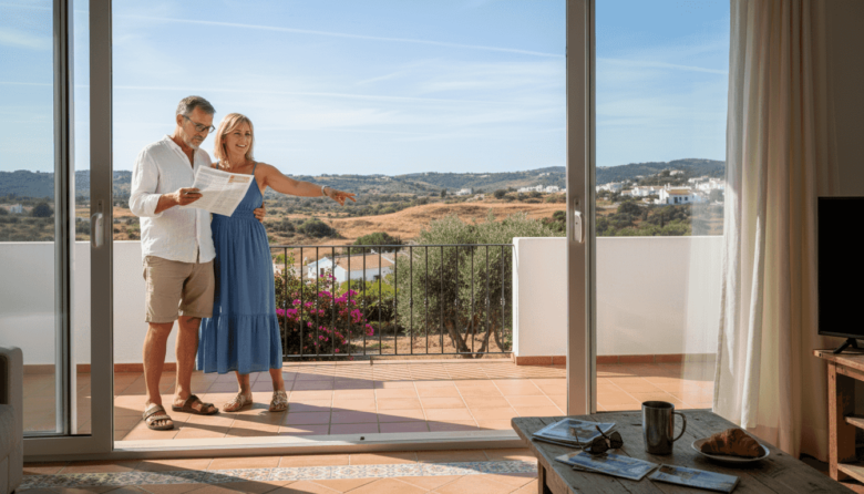 Couple viewing Algarve villa balcony scene