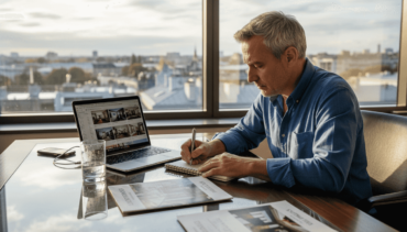 Investor reviewing real estate listings in office