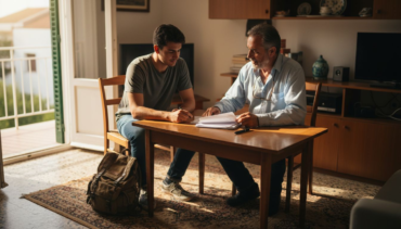 Landlord and tenant reviewing rental contract