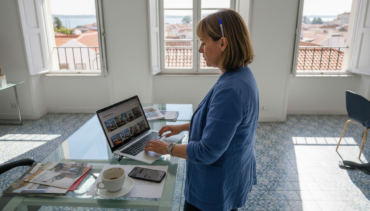 Property manager in Lisbon busy office scene