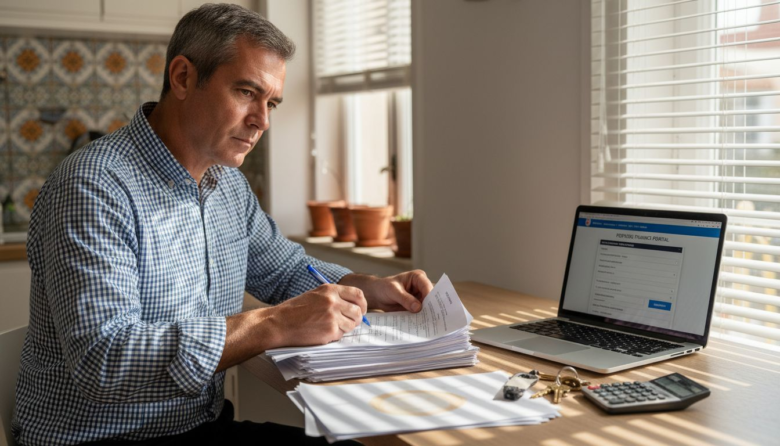 Landlord reviewing paperwork in Lisbon kitchen