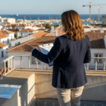 Agent on Algarve balcony with reports and city view