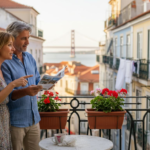 Couple on Lisbon balcony viewing cityscape