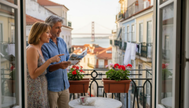 Couple on Lisbon balcony viewing cityscape