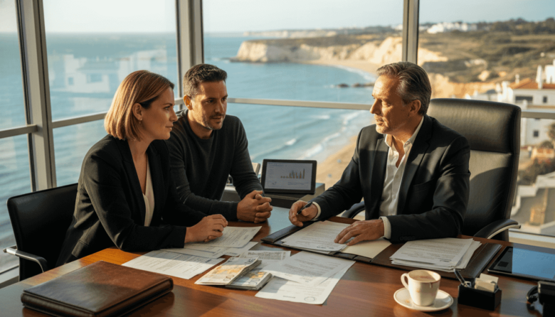 Advisor meeting with clients in Algarve office