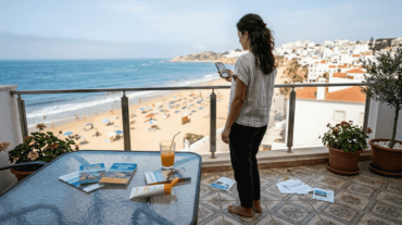 Algarve property owner on terrace overlooking beach