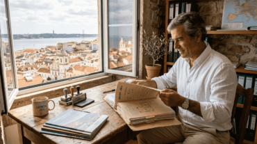 Agent reviews property documents Portugal office