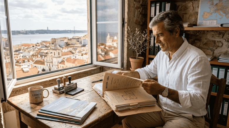 Agent reviews property documents Portugal office