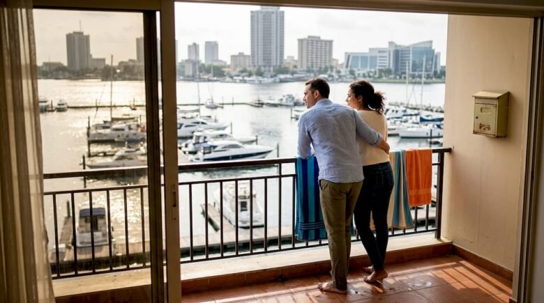 Couple on apartment balcony overlooking Lagos marina