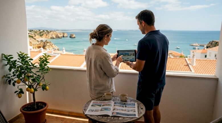 Couple on Lagos Algarve balcony with property tablet