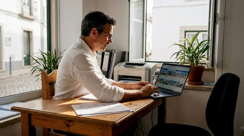 Agent working at Algarve real estate office desk