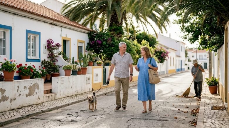Couple walking in Algarve neighborhood with sunlight